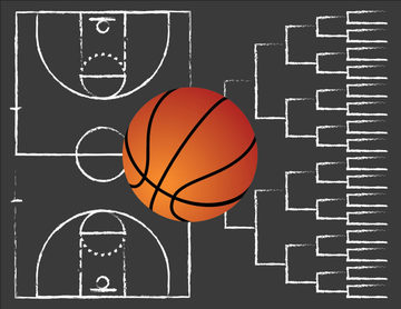 A basketball hovering over a basketball court and bracket